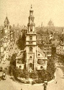 ST. CLEMENT DANES - The church  
saint's name is popularised in the nursery rhyme 'Oranges and Lemons.' Built from designs by Wren it dates from 1681.