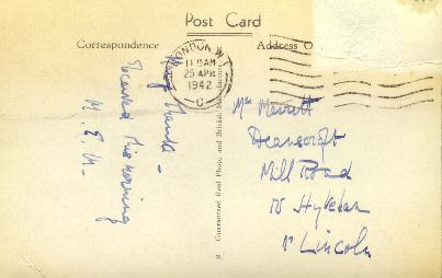 Postcard sent by M.E.M. 
 on the 25th April, 1942.