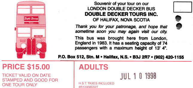 This tour ticket erroneously describes the above vehicle as a London Double Decker bus - it is a former Lincolnshire RoadCar and, at the time, still carried Lincoln adverts inside.